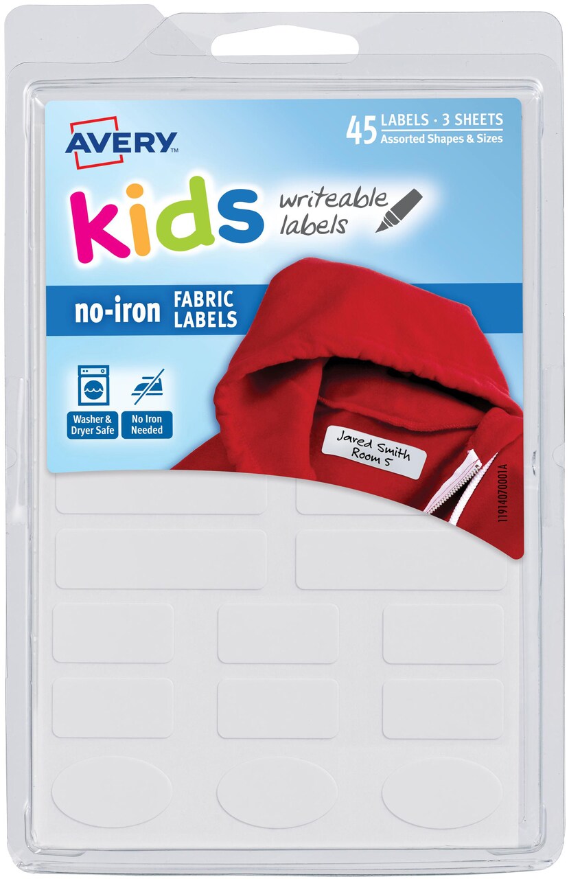 Avery Kids Writeable Labels No-Iron Fabric Labels 45/Pkg-White, Assorted Sizes